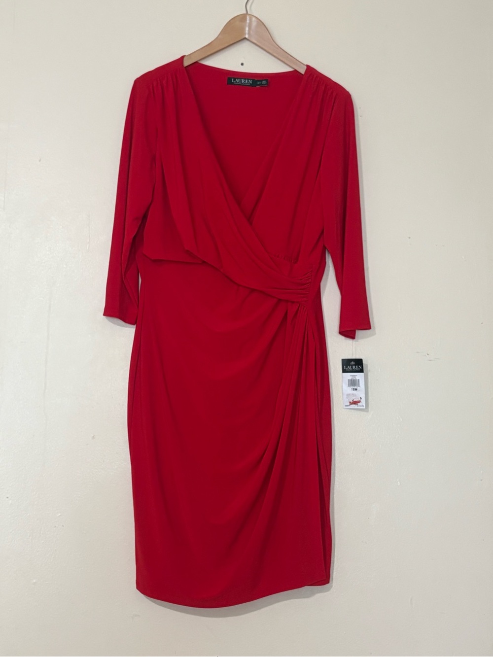 Ralph Lauren Red Faux-Wrap Long Sleeve Draped Sheath Dress